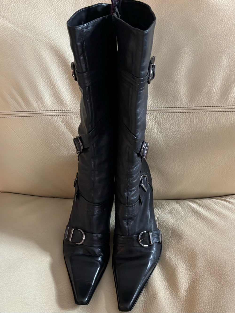 GUESS by Marciano Y2K Black Leather Multi-Deco Buckle Pointed 3.75” Stilettos